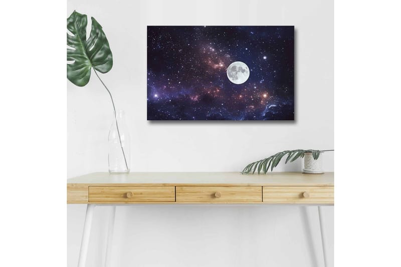 Lærredsbillede med LED-belysning - Stjerneklar nattehimmel med en stor måne, Mørkeblå / Lilla / Hvid