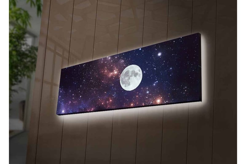 Lærredsbillede med LED-belysning - Stjerneklar nattehimmel med en stor måne - Mørkeblå / Lilla / Hvid - Boligtilbehør - Billeder & kunst - Billeder på lærred