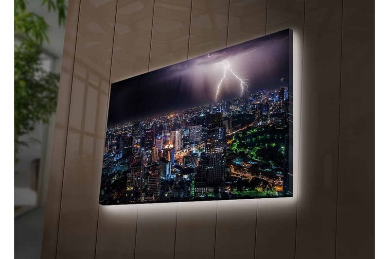 Lærredsbillede med LED-belysning - Stormfuld byudsigt med lynnedslag, der oplyser natten - Mørkeblå / Grøn / Hvid - Boligtilbehør - Billeder & kunst - Billeder på lærred