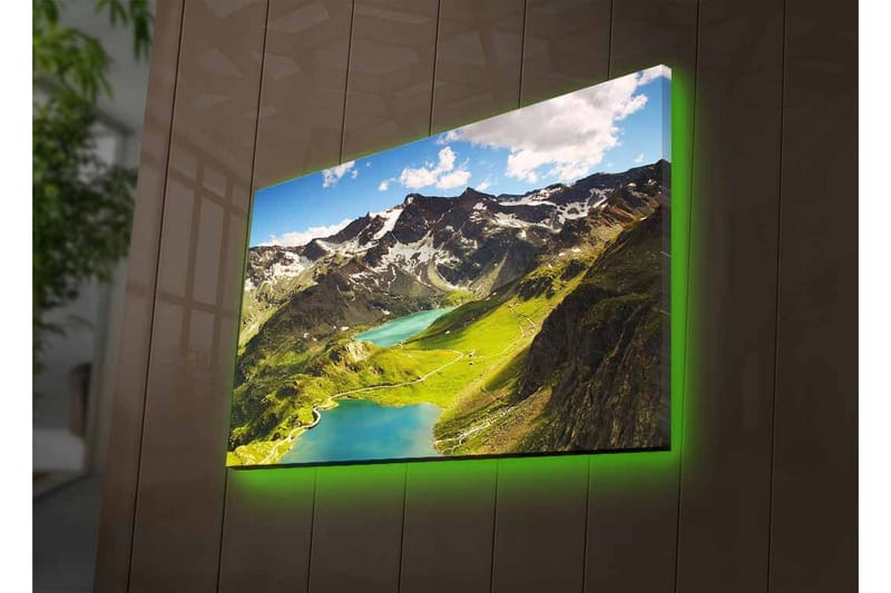 Lærredsbillede med LED-belysning - Storslået bjerglandskab med en glitrende sø og frodige dale - Grøn / Blå / Hvid - Boligtilbehør - Billeder & kunst - Billeder på lærred