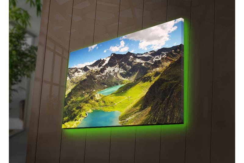 Lærredsbillede med LED-belysning - Storslået bjerglandskab med en glitrende sø og frodige dale - Grøn / Blå / Hvid - Boligtilbehør - Billeder & kunst - Billeder på lærred