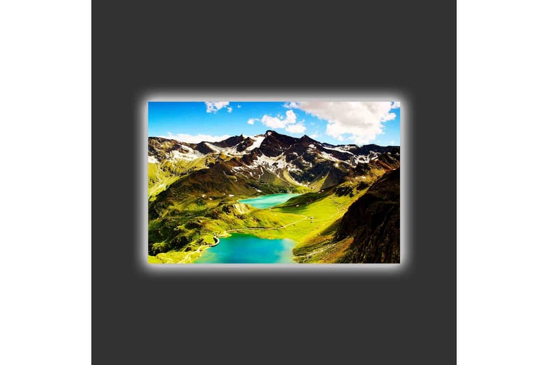 Lærredsbillede med LED-belysning - Storslået bjerglandskab med glitrende søer og grønne enge - Grøn / Blå / Hvid - Boligtilbehør - Billeder & kunst - Billeder på lærred