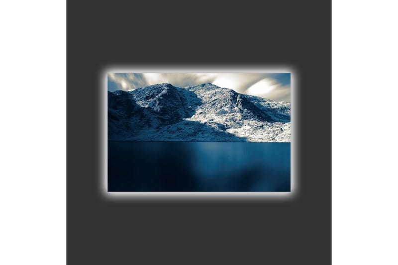 Lærredsbillede med LED-belysning - Storslået bjerglandskab med snedækkede bjergtoppe og spejlblanke vandoverflader - Mørkeblå / Hvid / Grå - Boligtilbehør - Billeder & kunst - Billeder på lærred