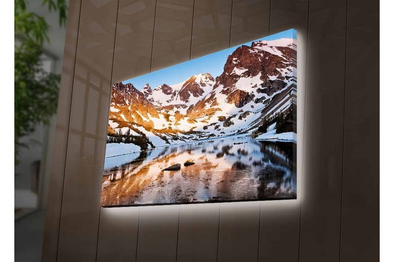 Lærredsbillede med LED-belysning - Storslået bjerglandskab med spejlblanke søer og snedækkede tinder - Blå / Hvid / Gylden - Boligtilbehør - Billeder & kunst - Billeder på lærred