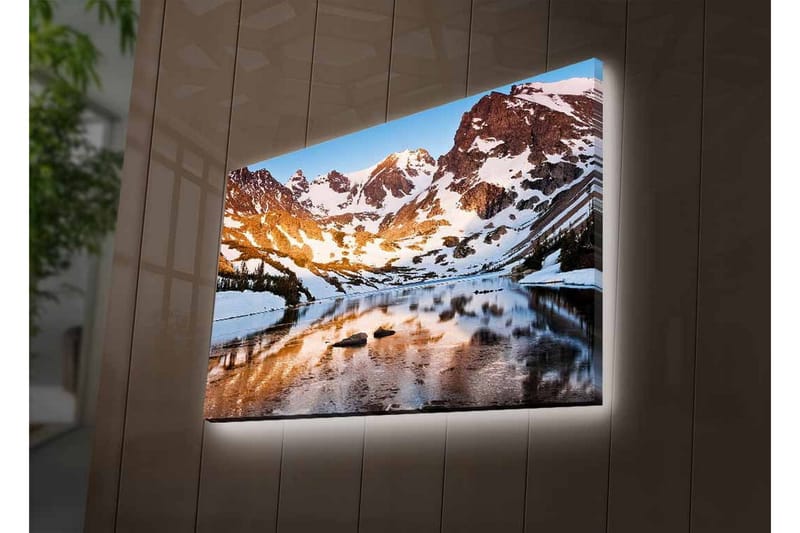 Lærredsbillede med LED-belysning - Storslået bjerglandskab med spejlblanke søer og snedækkede tinder - Blå / Hvid / Gylden - Boligtilbehør - Billeder & kunst - Billeder på lærred