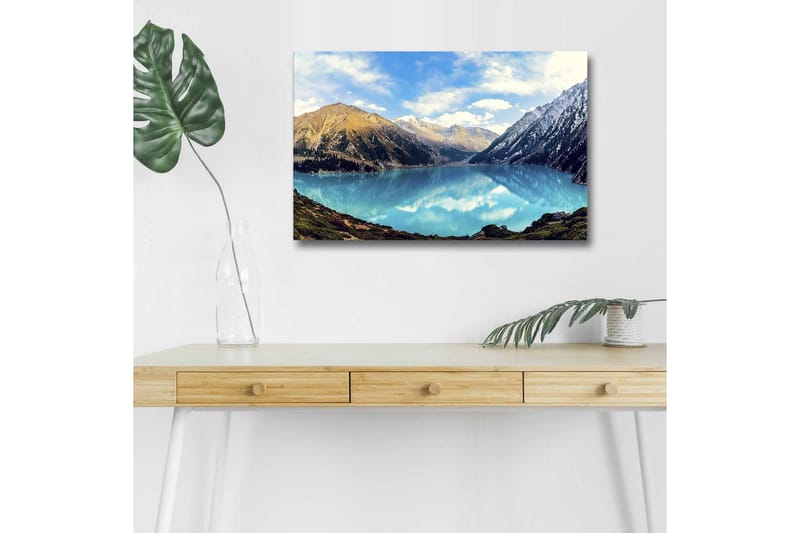 Lærredsbillede med LED-belysning - Storslået bjergsø med spejlblanke vandoverflader, Turkis / Grøn / Brun