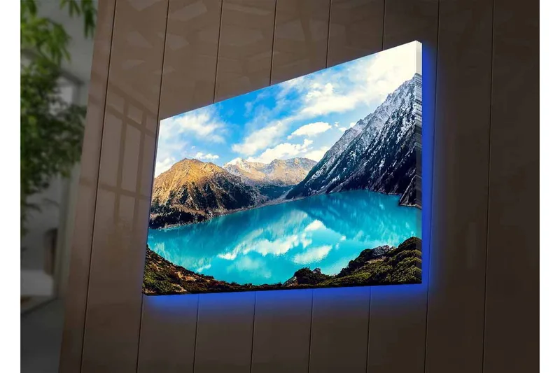 Lærredsbillede med LED-belysning - Storslået bjergsø med spejlblanke vandoverflader - Turkis / Grøn / Brun - Boligtilbehør - Billeder & kunst - Billeder på lærred