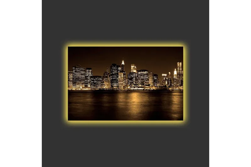 Lærredsbillede med LED-belysning - Storslået bybillede af en skyline med oplyste skyskrabere - Guld / Sort / Grå - Boligtilbehør - Billeder & kunst - Billeder på lærred