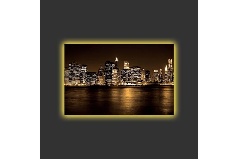 Lærredsbillede med LED-belysning - Storslået bybillede af en skyline med oplyste skyskrabere - Guld / Sort / Grå - Boligtilbehør - Billeder & kunst - Billeder på lærred
