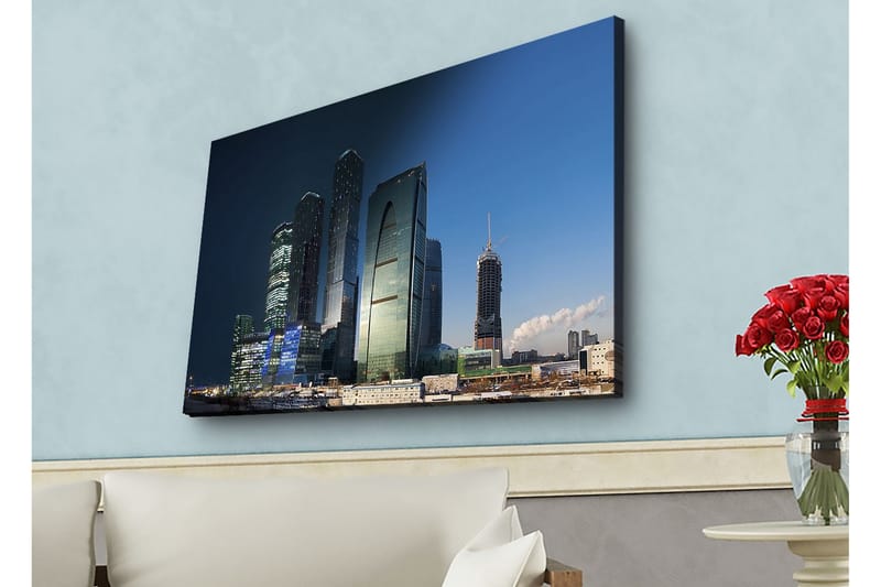 Lærredsbillede med LED-belysning - Storslået bybillede med moderne skyskrabere i aftenlys - Mørkeblå / Grøn / Sort - Boligtilbehør - Billeder & kunst - Billeder på lærred