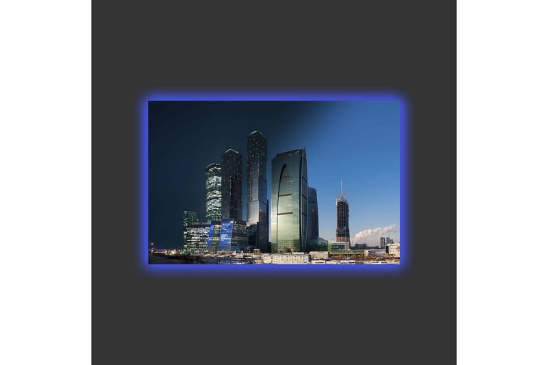 Lærredsbillede med LED-belysning - Storslået bybillede med moderne skyskrabere i aftenlys - Mørkeblå / Grøn / Sort - Boligtilbehør - Billeder & kunst - Billeder på lærred