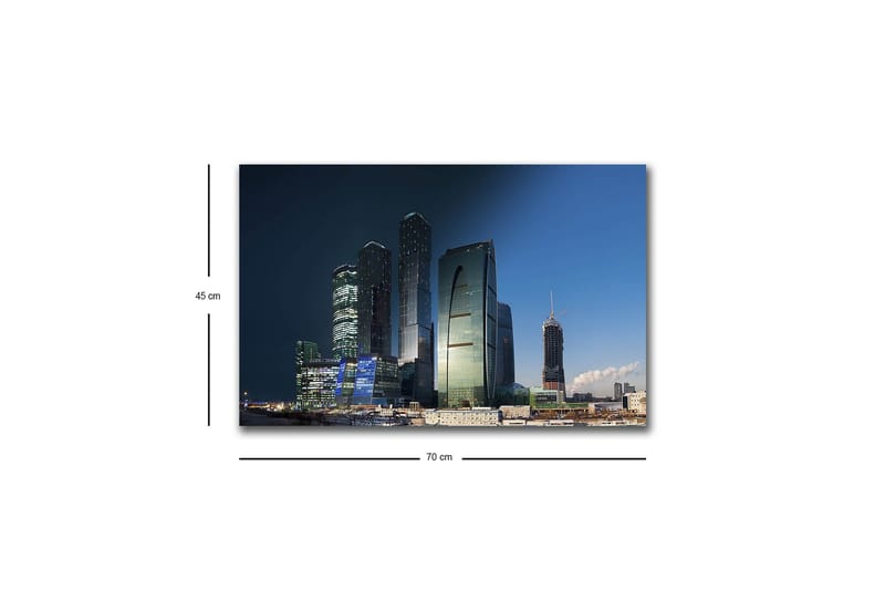 Lærredsbillede med LED-belysning - Storslået bybillede med moderne skyskrabere i aftenlys - Mørkeblå / Grøn / Sort - Boligtilbehør - Billeder & kunst - Billeder på lærred