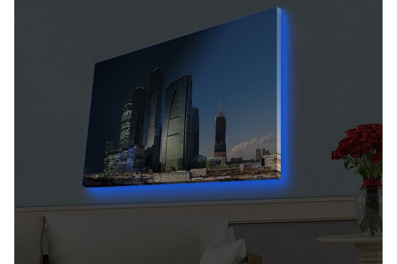 Lærredsbillede med LED-belysning - Storslået bybillede med moderne skyskrabere i aftenlys, Mørkeblå / Grøn / Sort