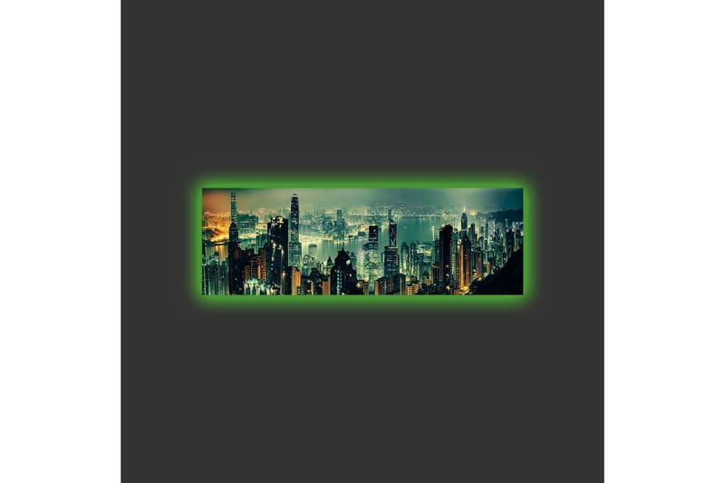 Lærredsbillede med LED-belysning - Storslået byudsigt med skyskrabere i nattelys - Mørkegrøn / Guld / Blå - Boligtilbehør - Billeder & kunst - Billeder på lærred