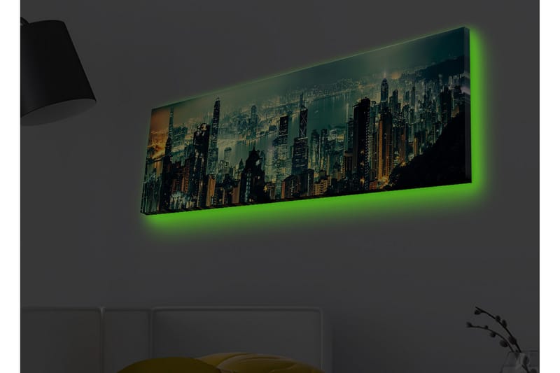 Lærredsbillede med LED-belysning - Storslået byudsigt med skyskrabere i nattelys - Mørkegrøn / Guld / Blå - Boligtilbehør - Billeder & kunst - Billeder på lærred
