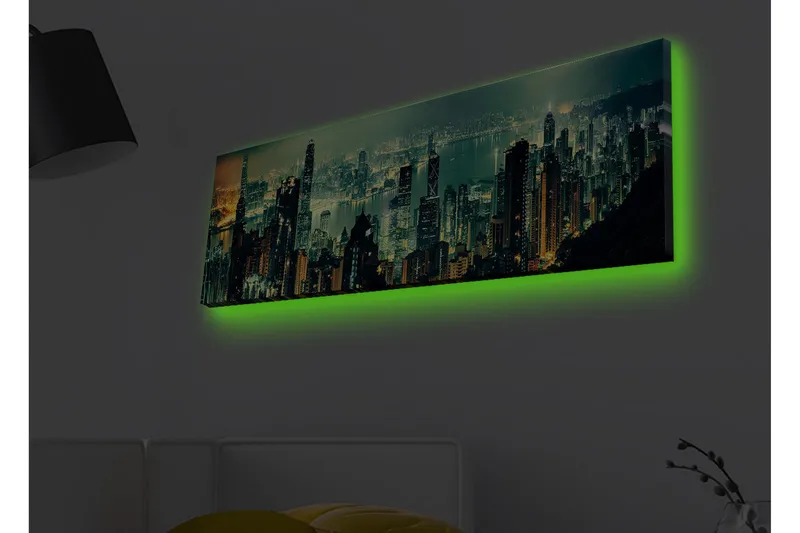 Lærredsbillede med LED-belysning - Storslået byudsigt med skyskrabere i nattelys - Mørkegrøn / Guld / Blå - Boligtilbehør - Billeder & kunst - Billeder på lærred