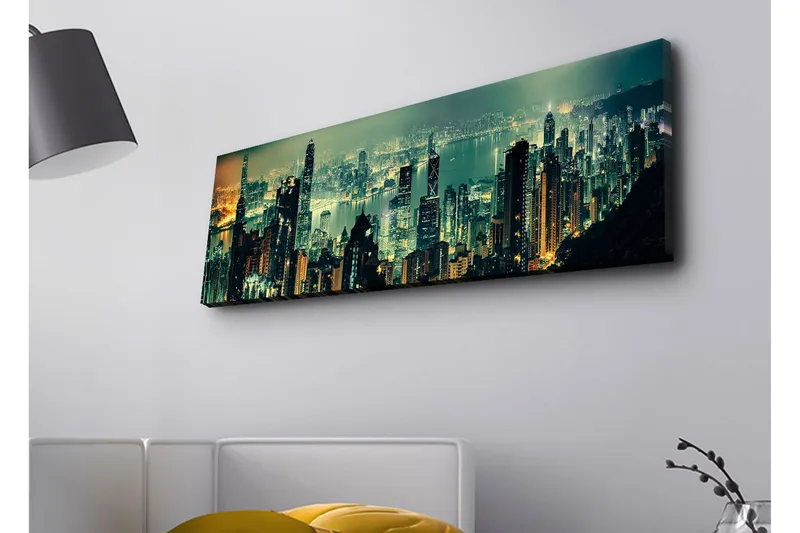 Lærredsbillede med LED-belysning - Storslået byudsigt med skyskrabere i nattelys, Mørkegrøn / Guld / Blå