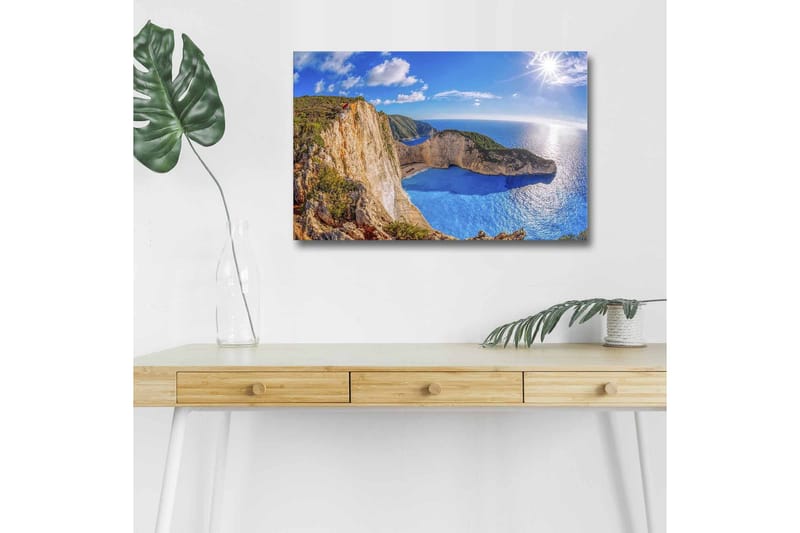 Lærredsbillede med LED-belysning - Storslået kystlandskab med klipper og turkisblåt hav, Turkis / Beige / Grøn