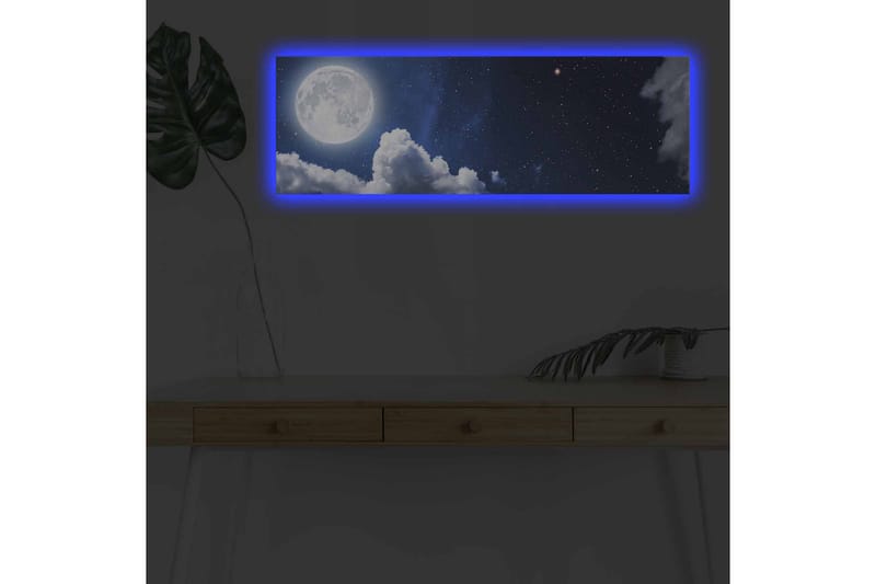 Lærredsbillede med LED-belysning - Storslået måne, der skinner over en stjerneklar himmel med skyer, Mørkeblå / Hvid / Grå