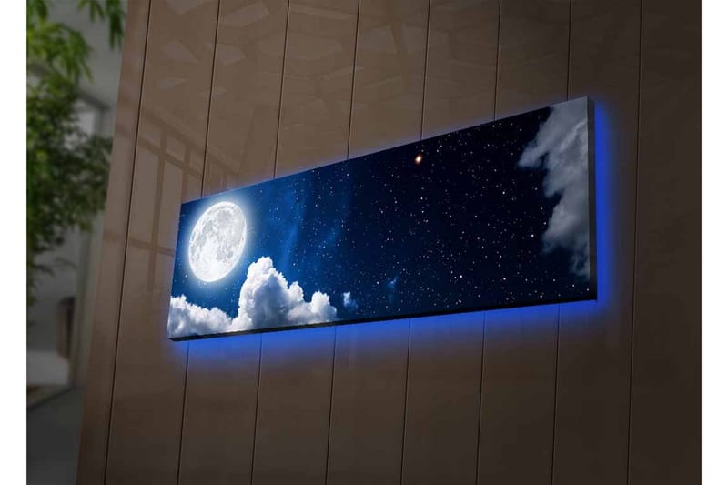 Lærredsbillede med LED-belysning - Storslået måne, der skinner over en stjerneklar himmel med skyer - Mørkeblå / Hvid / Grå - Boligtilbehør - Billeder & kunst - Billeder på lærred