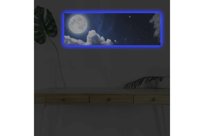 Lærredsbillede med LED-belysning - Storslået måne, der skinner over en stjerneklar himmel med skyer, Mørkeblå / Hvid / Grå