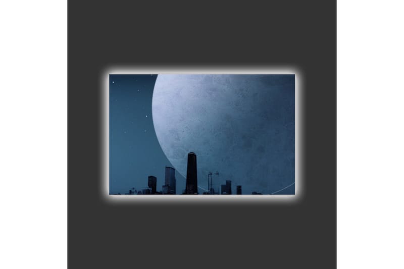 Lærredsbillede med LED-belysning - Storslået måne over en bys skyline i skumringen - Mørkeblå / Grå / Sort - Boligtilbehør - Billeder & kunst - Billeder på lærred