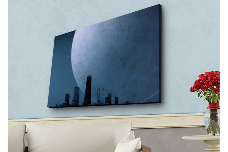 Lærredsbillede med LED-belysning - Storslået måne over en bys skyline i skumringen - Mørkeblå / Grå / Sort - Boligtilbehør - Billeder & kunst - Billeder på lærred