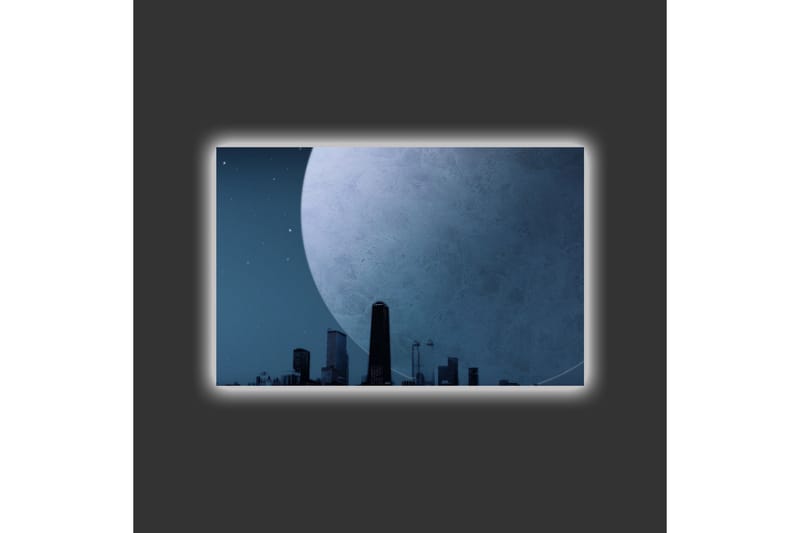 Lærredsbillede med LED-belysning - Storslået måne over en bys skyline i skumringen - Mørkeblå / Grå / Sort - Boligtilbehør - Billeder & kunst - Billeder på lærred