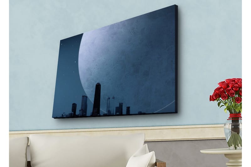Lærredsbillede med LED-belysning - Storslået måne over en bys skyline i skumringen - Mørkeblå / Grå / Sort - Boligtilbehør - Billeder & kunst - Billeder på lærred