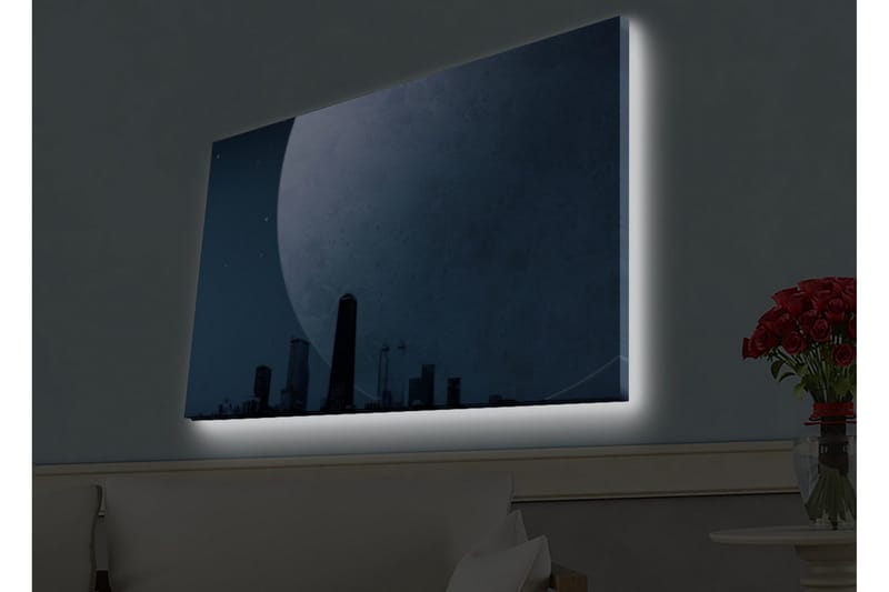 Lærredsbillede med LED-belysning - Storslået måne over en bys skyline i skumringen, Mørkeblå / Grå / Sort