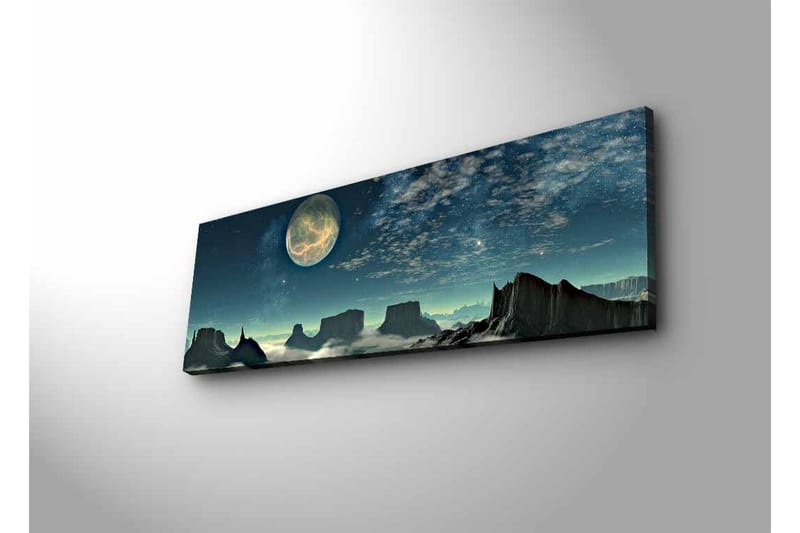 Lærredsbillede med LED-belysning - Storslået natlandskab med en stor måne og dramatiske klippeformationer - Mørkeblå / Grå / Sort - Boligtilbehør - Billeder & kunst - Billeder på lærred