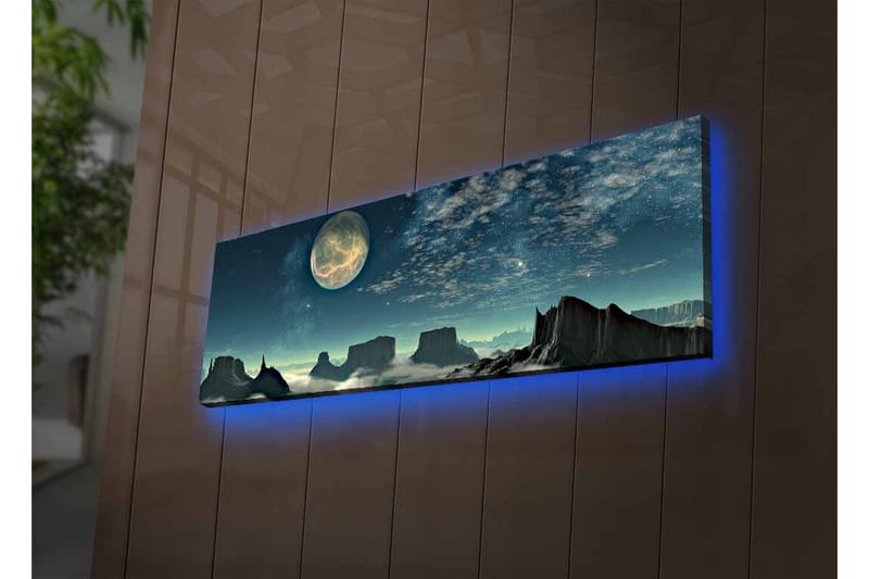 Lærredsbillede med LED-belysning - Storslået natlandskab med en stor måne og dramatiske klippeformationer - Mørkeblå / Grå / Sort - Boligtilbehør - Billeder & kunst - Billeder på lærred