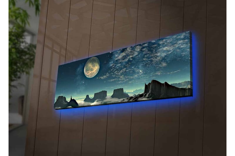 Lærredsbillede med LED-belysning - Storslået natlandskab med en stor måne og dramatiske klippeformationer - Mørkeblå / Grå / Sort - Boligtilbehør - Billeder & kunst - Billeder på lærred
