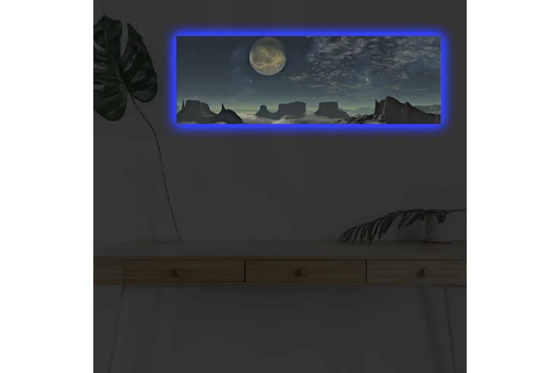Lærredsbillede med LED-belysning - Storslået natlandskab med en stor måne og dramatiske klippeformationer, Mørkeblå / Grå / Sort