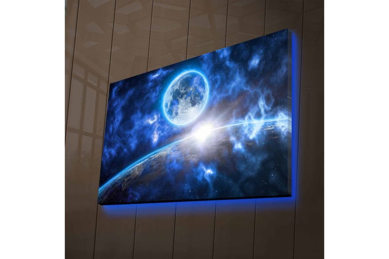 Lærredsbillede med LED-belysning - Storslået rumscene med en planet og en måne i fokus, Mørkeblå / Lyseblå / Hvid