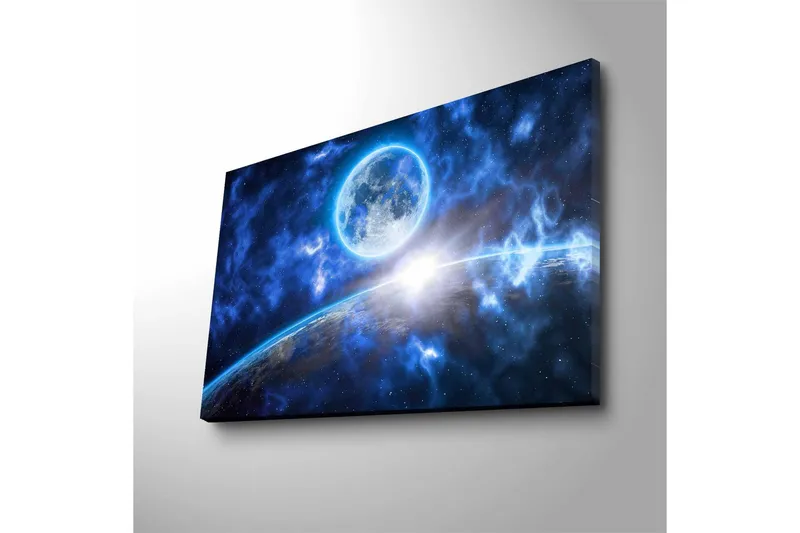 Lærredsbillede med LED-belysning - Storslået rumscene med en planet og en måne i fokus - Mørkeblå / Lyseblå / Hvid - Boligtilbehør - Billeder & kunst - Billeder på lærred