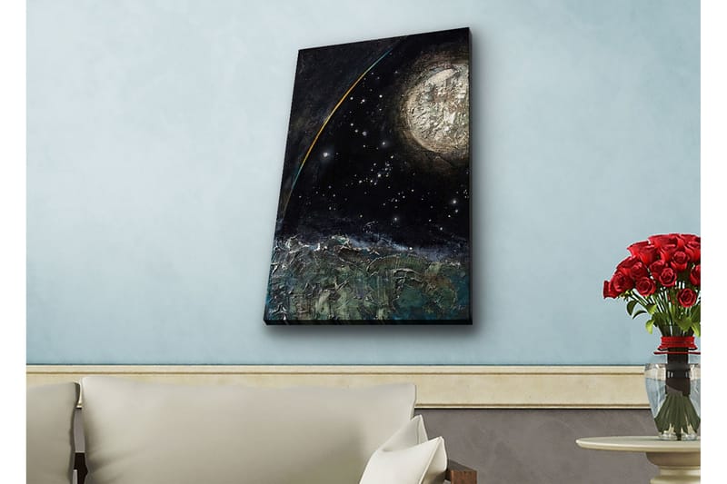 Lærredsbillede med LED-belysning - Storslået rumscene med en planet og stjerner, Mørkeblå / Grøn / Hvid