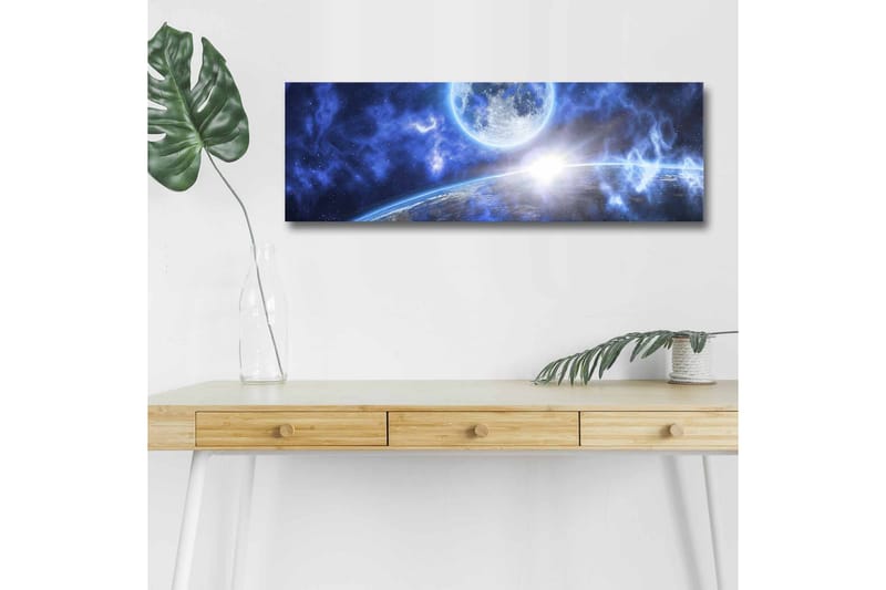 Lærredsbillede med LED-belysning - Storslået rumscene med en planet og en måne - Mørkeblå / Lyseblå / Hvid - Boligtilbehør - Billeder & kunst - Billeder på lærred