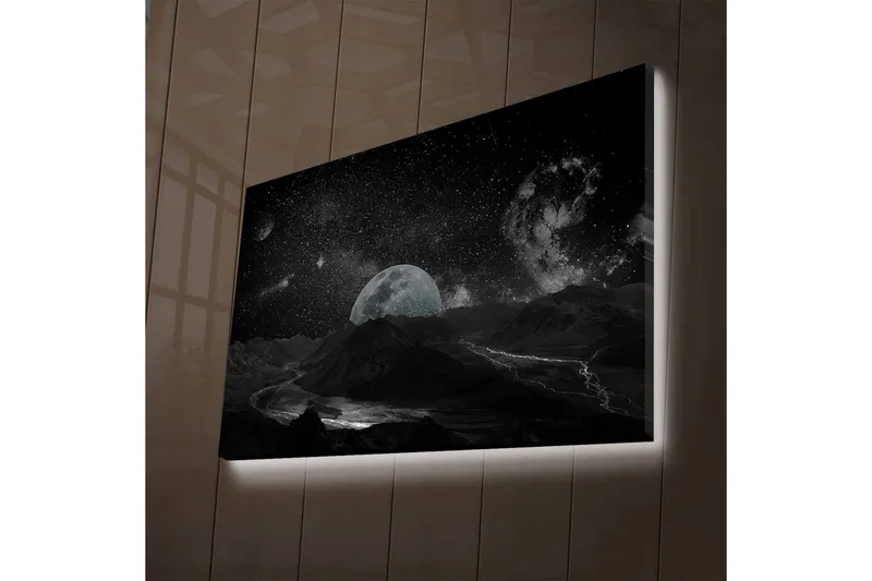Lærredsbillede med LED-belysning - Storslået rumscene med måne og stjernehimmel, Sort / Grå / Hvid