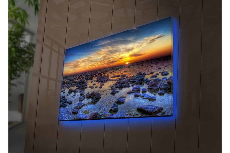 Lærredsbillede med LED-belysning - Storslået solnedgang over en klippefyldt kystlinje - Mørkeblå / Orange / Lyseblå - Boligtilbehør - Billeder & kunst - Billeder på lærred