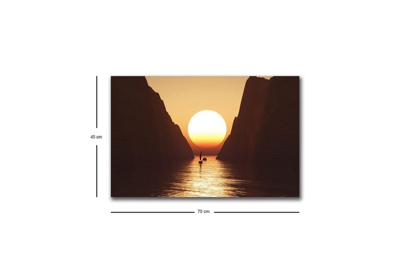 Lærredsbillede med LED-belysning - Storslået solnedgang over en smal fjord med en sejlbåd i silhuet - Orange / Brun / Guld - Boligtilbehør - Billeder & kunst - Billeder på lærred