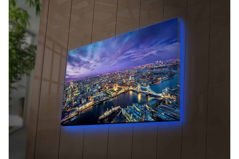 Lærredsbillede med LED-belysning - Storslået udsigt over en by i skumringen med floder og broer - Mørkeblå / Lilla / Gylden - Boligtilbehør - Billeder & kunst - Billeder på lærred