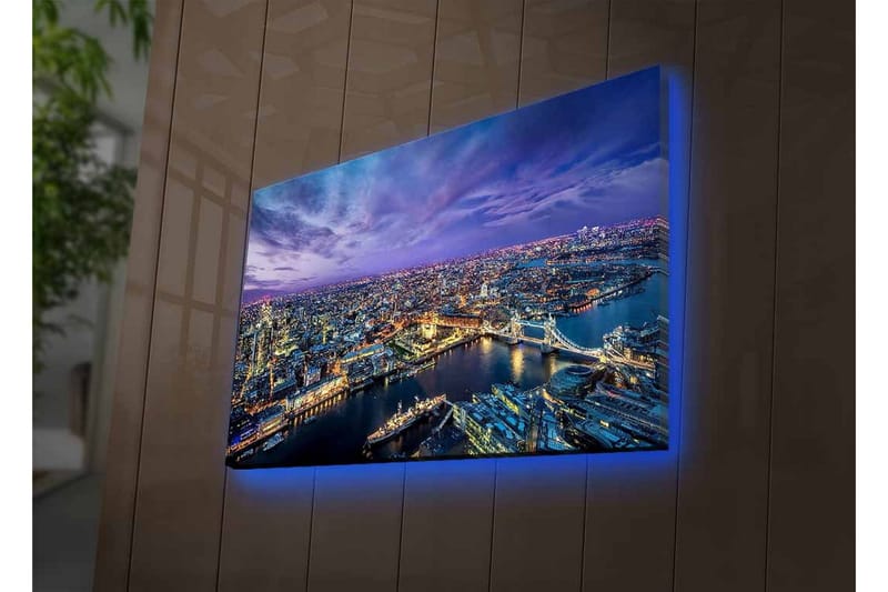 Lærredsbillede med LED-belysning - Storslået udsigt over en by i skumringen med floder og broer - Mørkeblå / Lilla / Gylden - Boligtilbehør - Billeder & kunst - Billeder på lærred