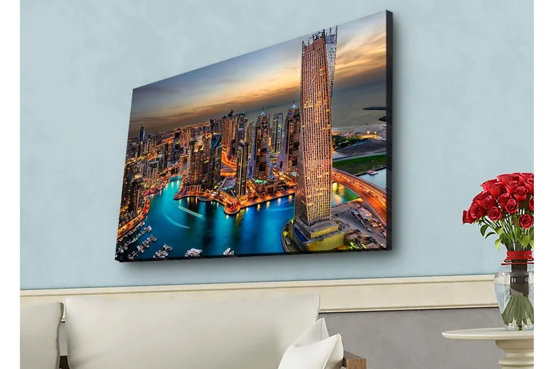 Lærredsbillede med LED-belysning - Storslået udsigt over en moderne by med glitrende skyskrabere og en snoet flod, Blå / Orange / Grå