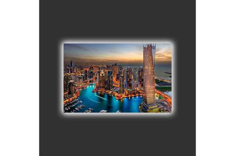 Lærredsbillede med LED-belysning - Storslået udsigt over en moderne by med glitrende skyskrabere og en snoet flod - Blå / Orange / Grå - Boligtilbehør - Billeder & kunst - Billeder på lærred