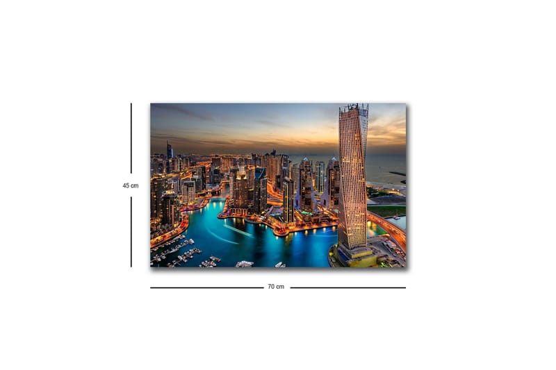 Lærredsbillede med LED-belysning - Storslået udsigt over en moderne by med glitrende skyskrabere og en snoet flod - Blå / Orange / Grå - Boligtilbehør - Billeder & kunst - Billeder på lærred