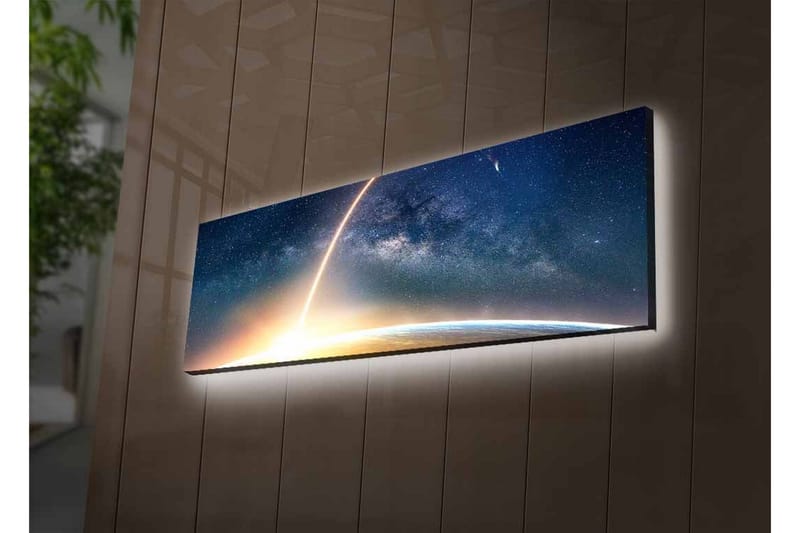 Lærredsbillede med LED-belysning - Storslået udsigt over Jorden med en stjernehimmel og en lys stråle, der strækker sig ud i rummet - Mørkeblå / Lys orange / Hvid - Boligtilbehør - Billeder & kunst - Billeder på lærred