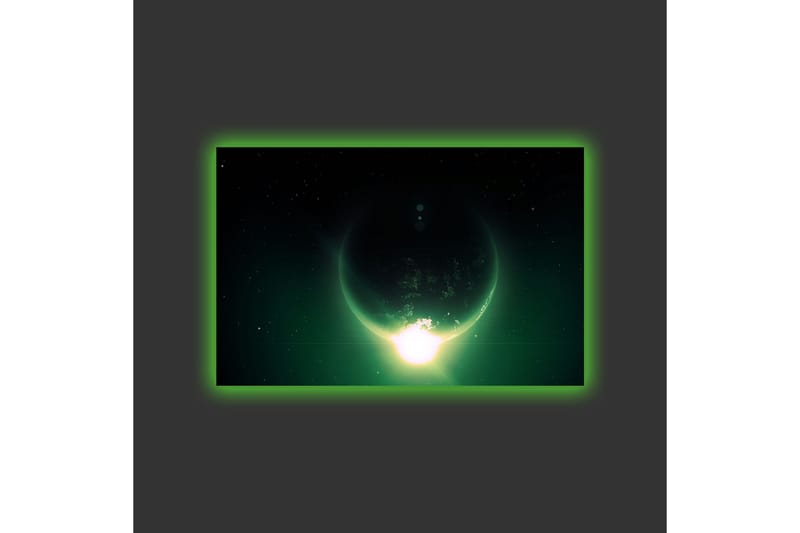 Lærredsbillede med LED-belysning - Storslået planet med lysstråler, der strækker sig ud i rummet - Mørkegrøn / Sort / Lysegrøn - Boligtilbehør - Billeder & kunst - Billeder på lærred