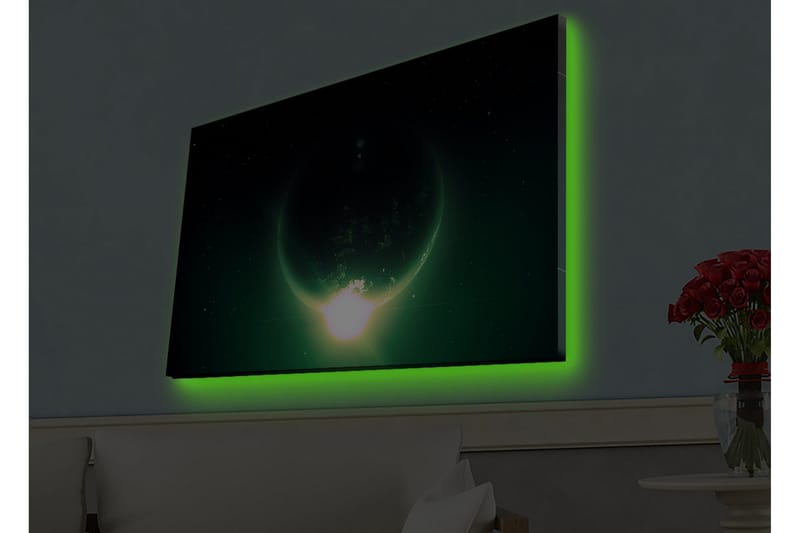 Lærredsbillede med LED-belysning - Storslået planet med lysstråler, der strækker sig ud i rummet, Mørkegrøn / Sort / Lysegrøn