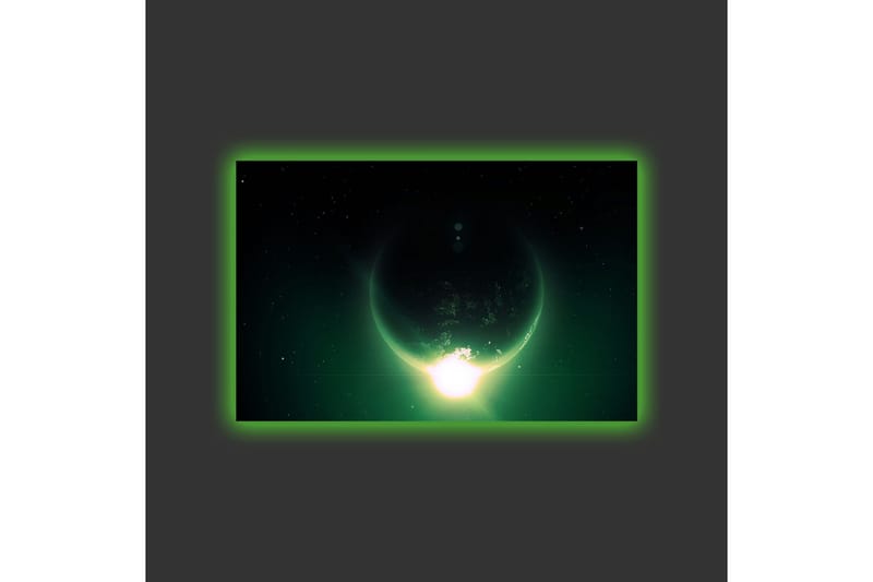 Lærredsbillede med LED-belysning - Storslået planet med lysstråler, der strækker sig ud i rummet - Mørkegrøn / Sort / Lysegrøn - Boligtilbehør - Billeder & kunst - Billeder på lærred